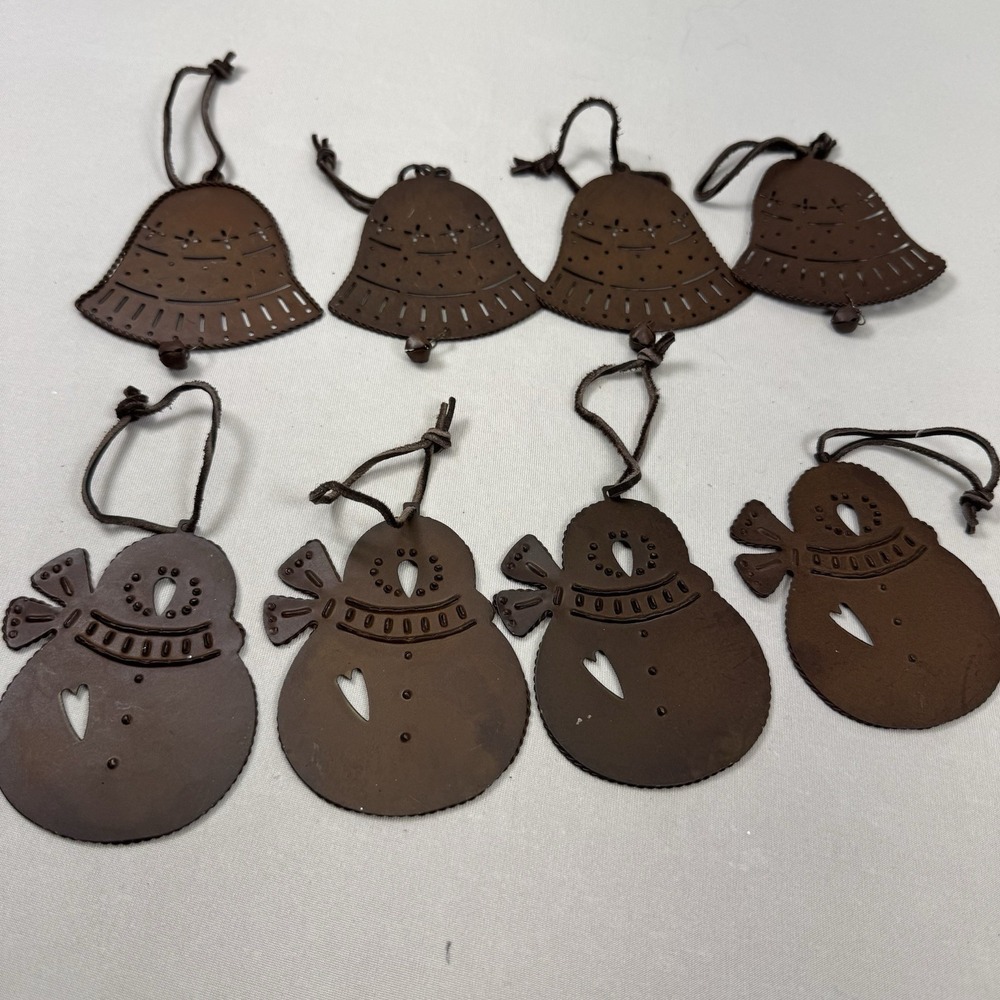 Set of 8 Primitive, Rustic, Metal, Shabby, Christmas Ornaments Bells, Snowmen